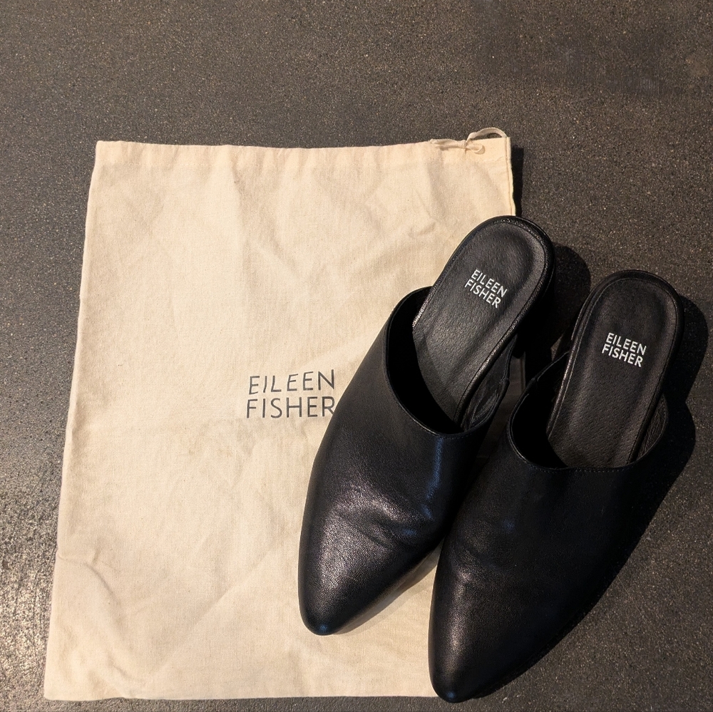 Eileen Fisher Black Leather Heeled Mules Shoes 9